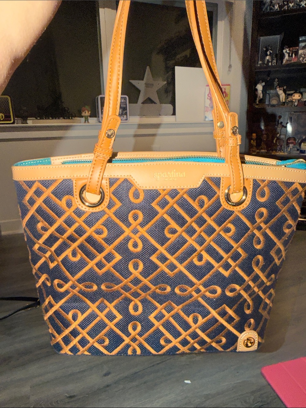 Spartina 449 Navy and Tan Patterned Tote with Turquoise Zip